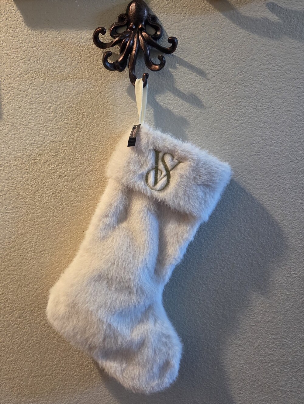 Victoria's Secret Ivory Faux Fur Holiday Stocking with VS Monogram,New With Tags